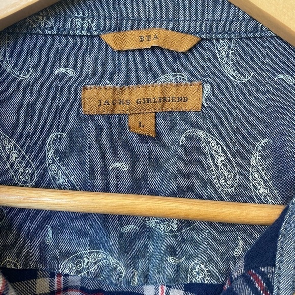 Plaid Flannel Blue Red Boys Style Jachs Girlfriend Button Down Shirt Size Large - Picture 10 of 10